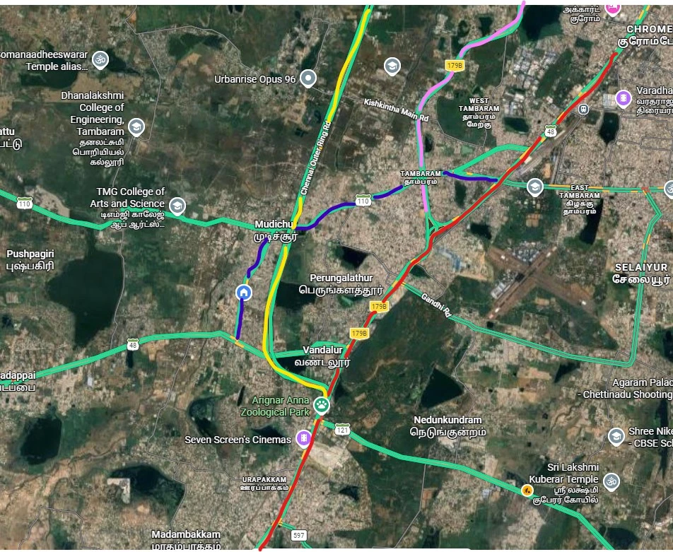 Mudichur location map with Tambaram and GST Road connectivity