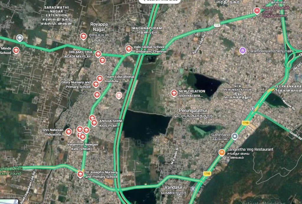 Schools and road infrastructure near Mudichur residential area